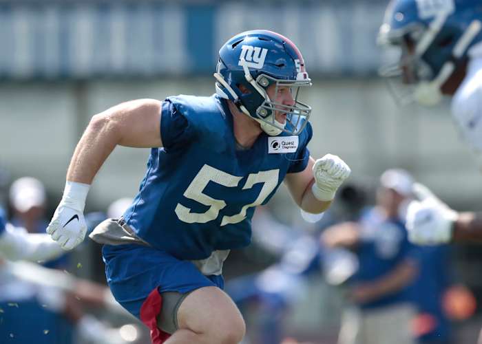 Jul 25, 2019; East Rutherford, NJ, USA; New York Giants inside linebacker Ryan Connelly (57) participates in drills during the first day of training camp at Quest Diagnostics Training Center.